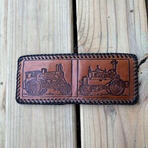 Vintage Leather Wallet Hand Tooled Bi-Fold Handmade Whipstitch Steam Engine